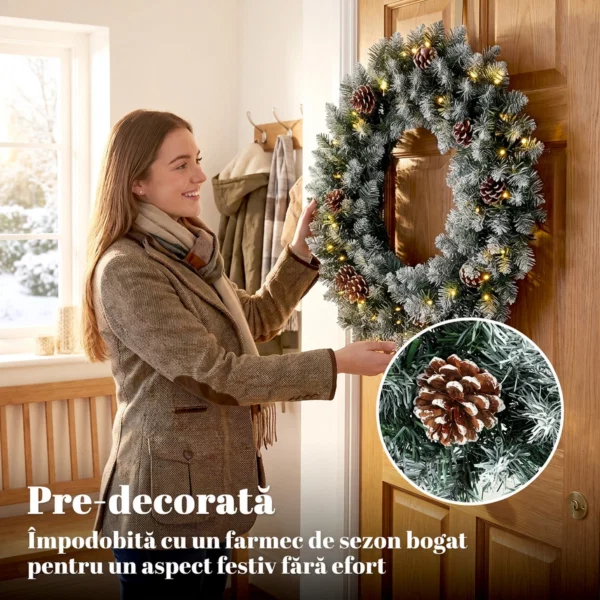 Coronita de Craciun 60 cm cu lumini LED, 8 moduri, 140 ramuri, conuri de pin, verde - imagine 6