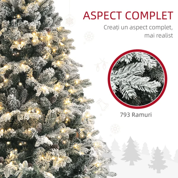 Pom de Craciun Artificial 180cm cu 793 Ramuri, Lumini LED si Ramuri Inzapezite, Verde - imagine 6