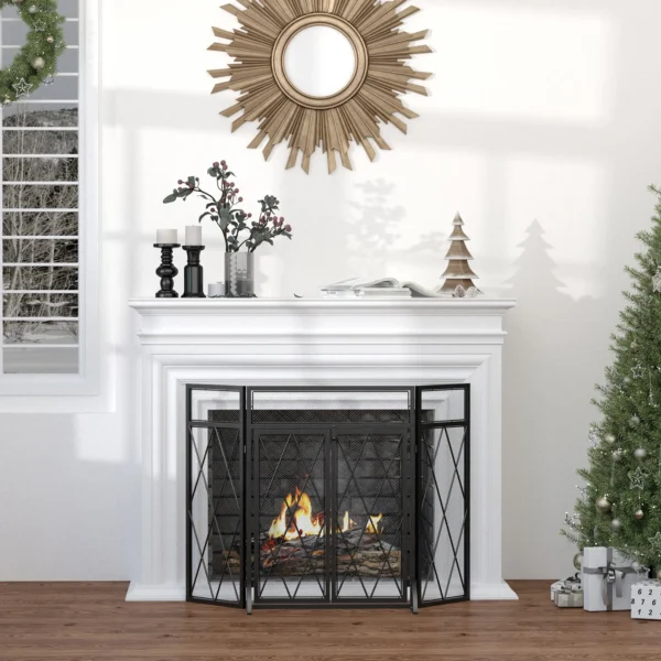 Parascantei pentru semineu, 3 panouri pliabile cu usa centrala, 120 × 11,5 × 79 cm, Negru - imagine 2
