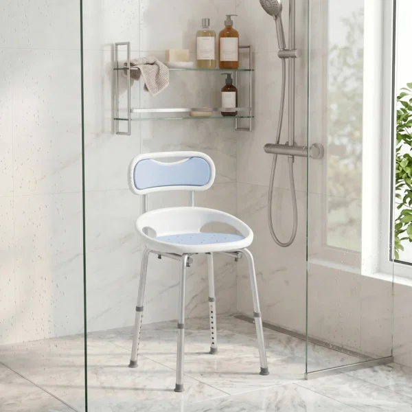Scaun de Dus cu Spatar si Sezut Perforat, 8 Niveluri Reglabil, Antiderapant, 49,5 x 54 x 92 cm, Albastru - imagine 10