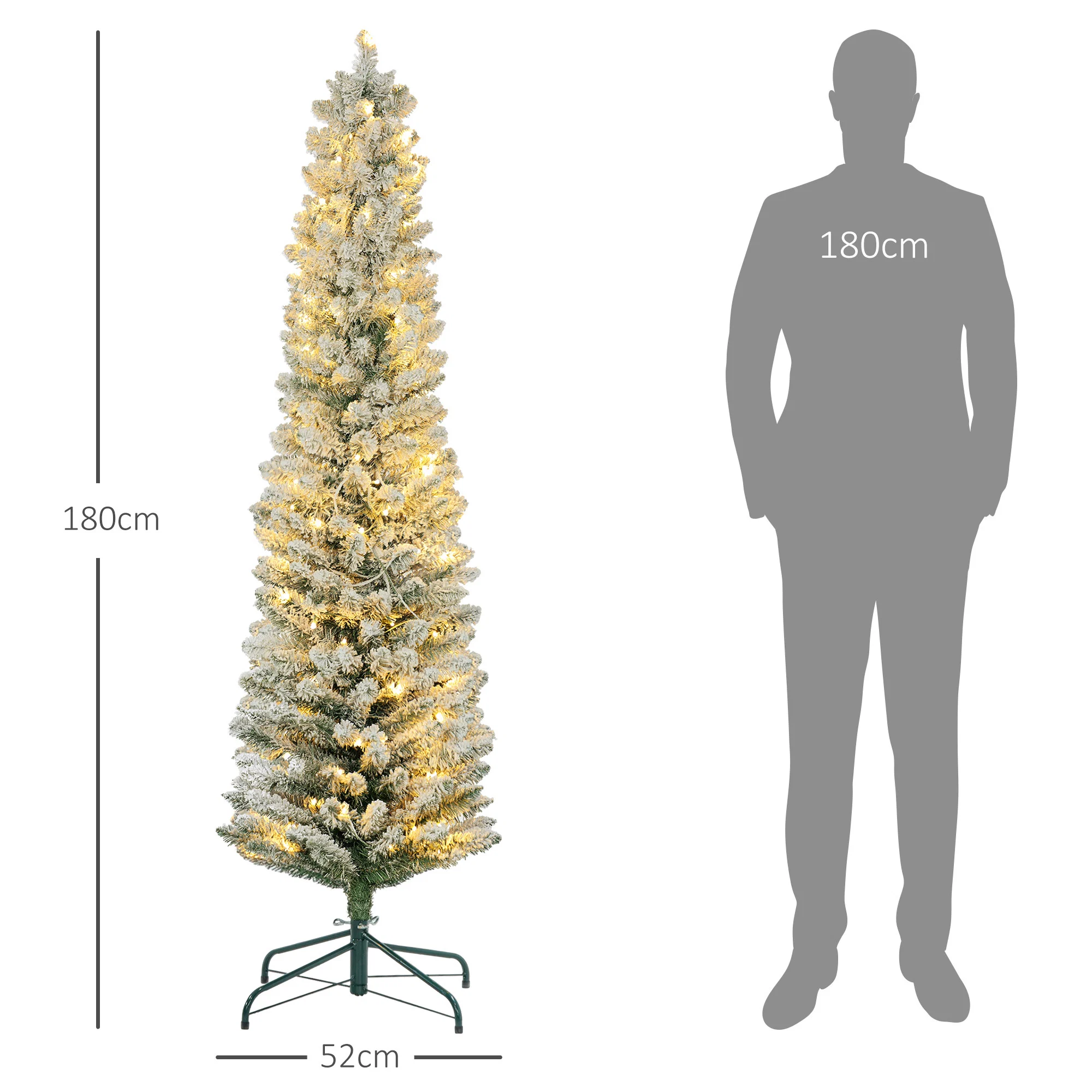 Brad de Craciun cu Zapada Artificiala, 329 Ramuri si Lumini LED Albe, din Plastic si Metal, Ø52x180 cm, Verde 3 Bradul are 180 cm inaltime si 52 cm diametru