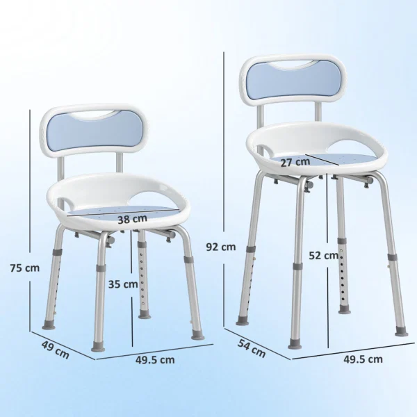 Scaun de Dus cu Spatar si Sezut Perforat, 8 Niveluri Reglabil, Antiderapant, 49,5 x 54 x 92 cm, Albastru - imagine 3
