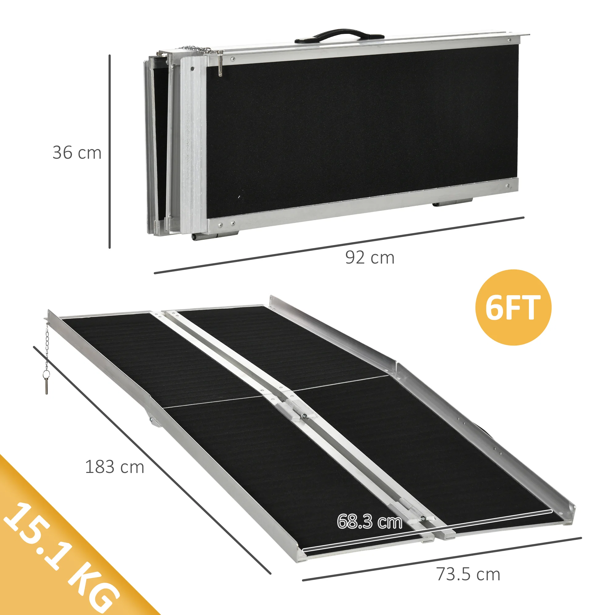 Rampa pliabila pentru scaune cu rotile din aluminiu cu margini inalte antiderapante 3 Rampa pliabila in format compact, cu dimensiunile indicate