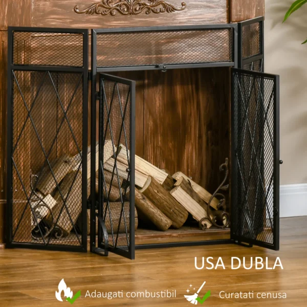 Parascantei pentru semineu, 3 panouri pliabile cu usa centrala, 120 × 11,5 × 79 cm, Negru - imagine 6