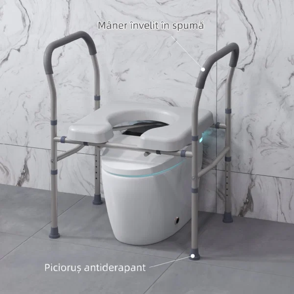 Scaun comod WC pentru varstnici si persoane cu dizabilitati 4 in 1 reglabil pe inaltime, cu brate capitonate, gri - imagine 6
