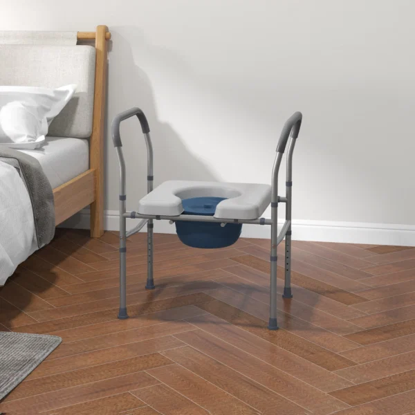 Scaun comod WC pentru varstnici si persoane cu dizabilitati 4 in 1 reglabil pe inaltime, cu brate capitonate, gri - imagine 2