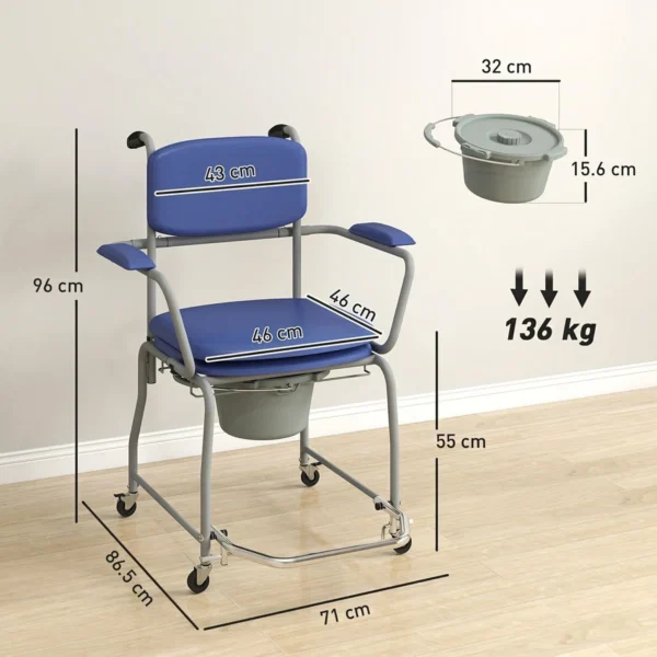 Scaun WC Mobil cu Roti 3 in 1, PU Otel Inoxidabil, Albastru - imagine 3