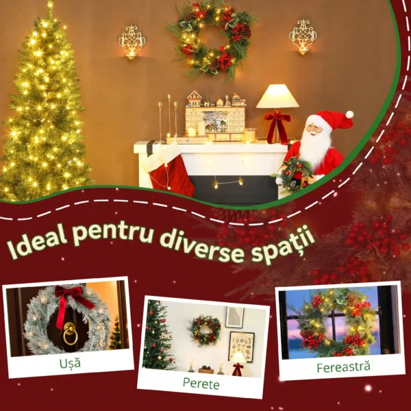 Ghirlanda de Craciun de 60 cm cu lumini LED albe, timer, conuri, boabe si frunze de ilex, verde - imagine 7