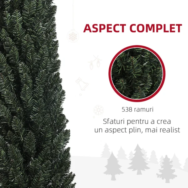 Brad de Craciun Slim Inalt de 225 cm Economisitor de Spatiu cu 538 Ramuri cu Baza din Otel pentru Interior, Verde - imagine 5
