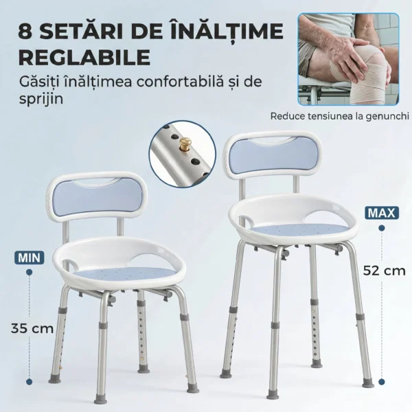 Scaun de Dus cu Spatar si Sezut Perforat, 8 Niveluri Reglabil, Antiderapant, 49,5 x 54 x 92 cm, Albastru - imagine 7