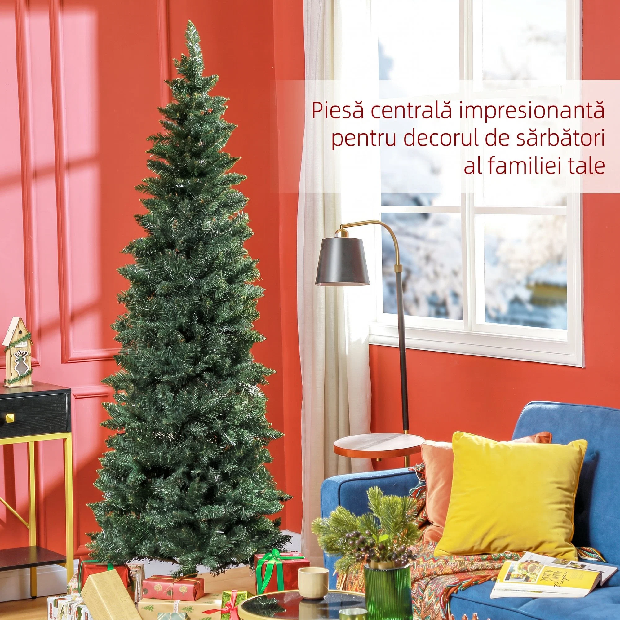 Brad de Craciun Artificial 210 cm cu 687 de Ramuri, Design Ingust si Inalt cu Baza Rabatabila, Verde 4 Brad artificial FESTIVARO amplasat intr-un decor de sarbatori