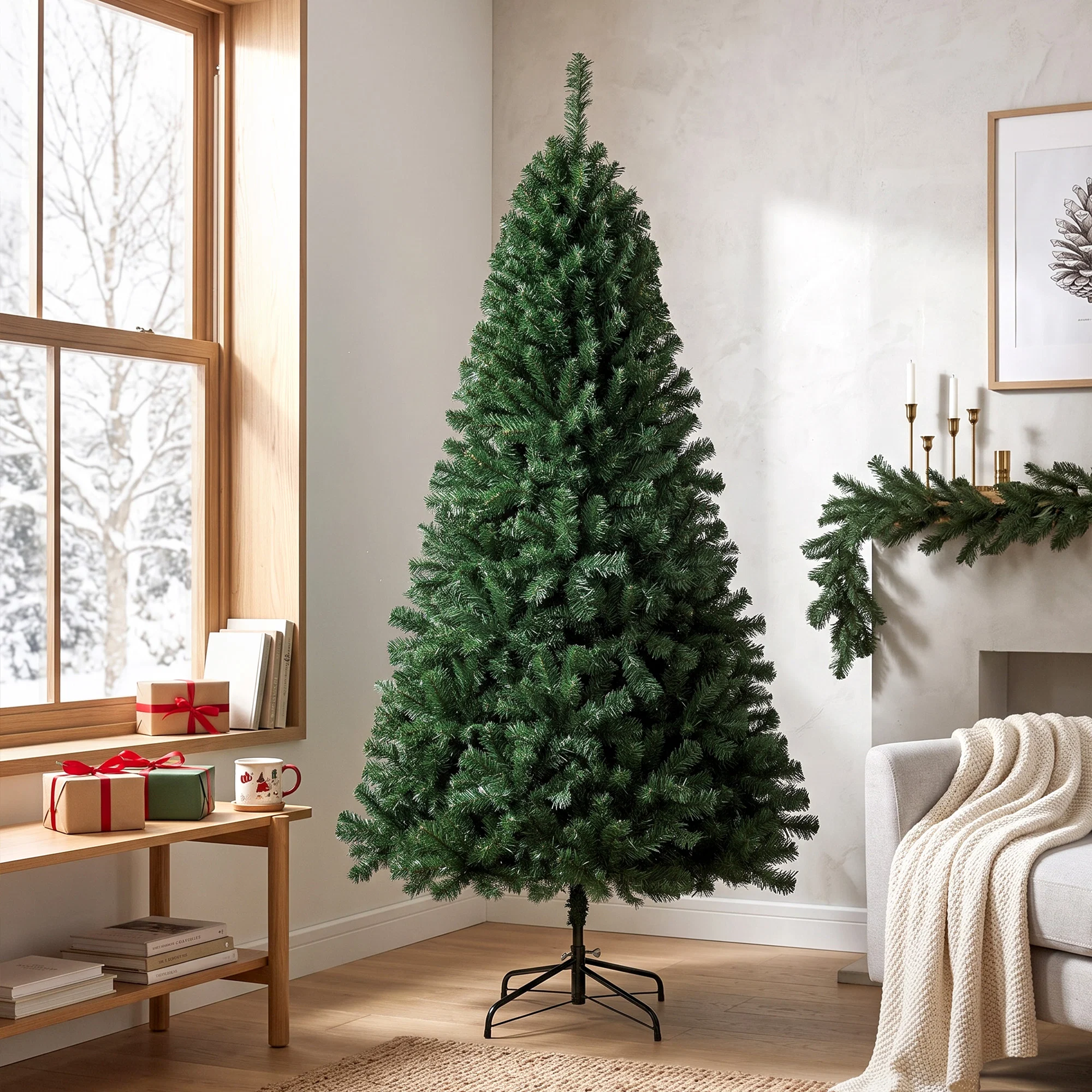 Brad de Craciun Artificial 200 cm cu 1000 Ramuri si Baza Pliabila, Verde 1 Brad artificial verde de 200 cm intr-un living