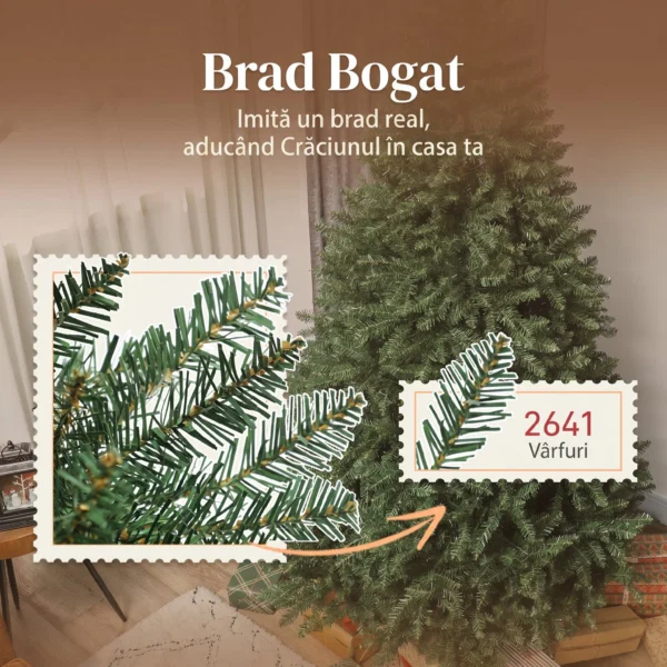 Brad de Craciun Artificial de 210 cm cu Ramuri pe Balamale si Baza Metalica Pliabila, Verde - imagine 5