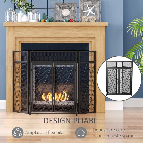 Parascantei pentru semineu, 3 panouri pliabile cu usa centrala, 120 × 11,5 × 79 cm, Negru - imagine 5