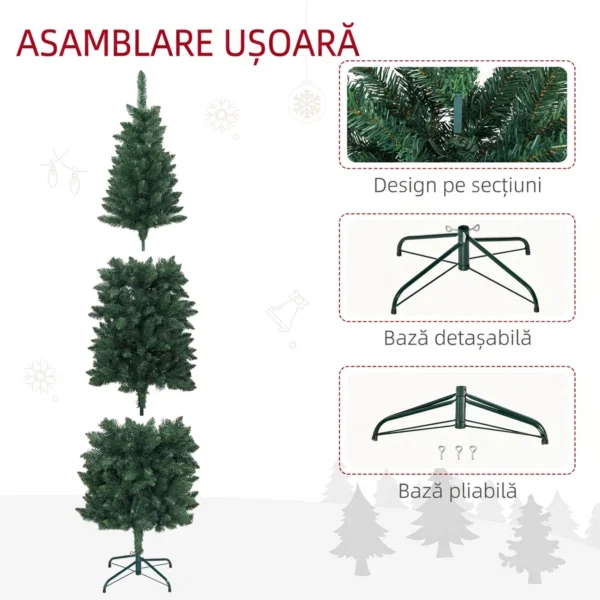 Brad de Craciun artificial 182,88 cm cu 479 ramuri, Design inalt si ingust cu baza pliabila, Verde - imagine 6