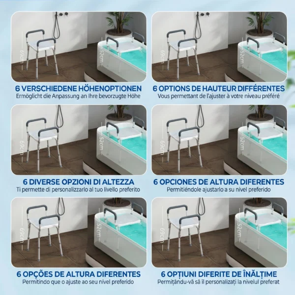 Taburet pentru Dus Reglabil cu Brate si Orificii de Drenaj, din Aluminiu, HDPE si EVA, 52x45x57-69 cm - imagine 4