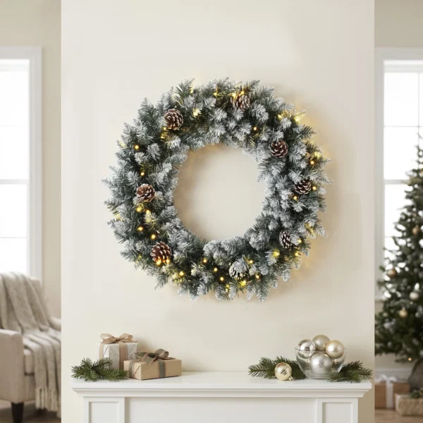 Coronita de Craciun 60 cm cu lumini LED, 8 moduri, 140 ramuri, conuri de pin, verde - imagine 10