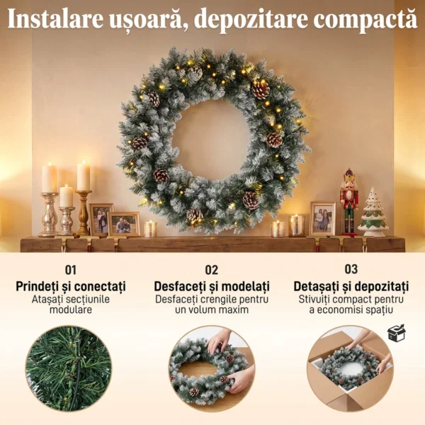 Coronita de Craciun 60 cm cu lumini LED, 8 moduri, 140 ramuri, conuri de pin, verde - imagine 7