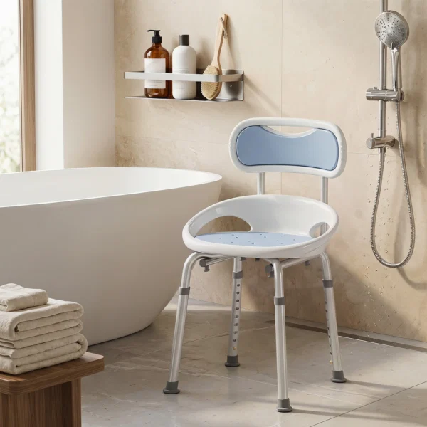 Scaun de Dus cu Spatar si Sezut Perforat, 8 Niveluri Reglabil, Antiderapant, 49,5 x 54 x 92 cm, Albastru - imagine 2