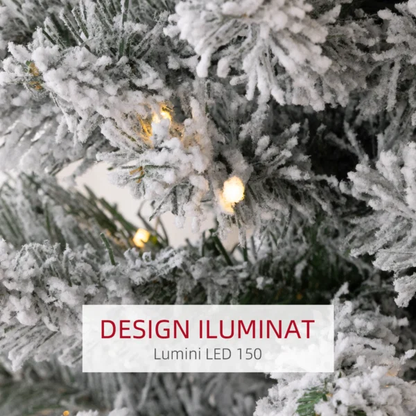 Brad de Craciun cu Zapada Artificiala, 329 Ramuri si Lumini LED Albe, din Plastic si Metal, Ø52x180 cm, Verde - imagine 5