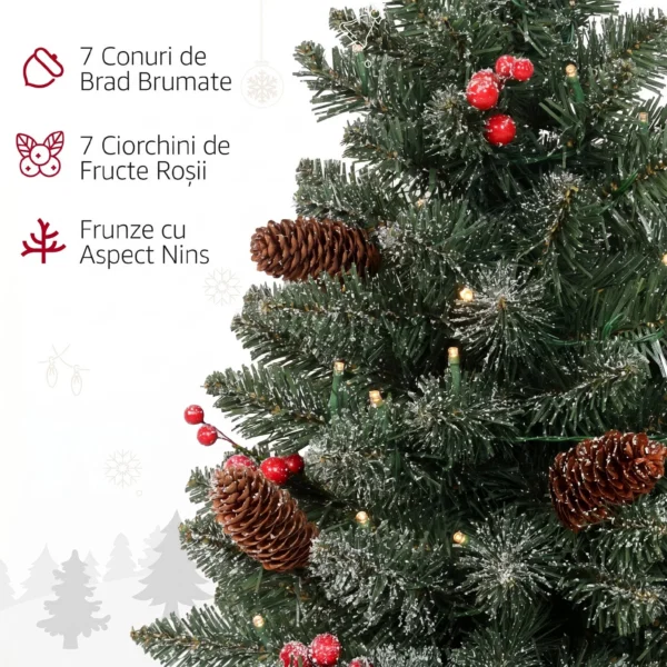 Mini brad de Craciun 60 cm cu lumini integrate, 86 ramuri, conuri de pin, bobite rosii, baza din ciment, verde - imagine 6