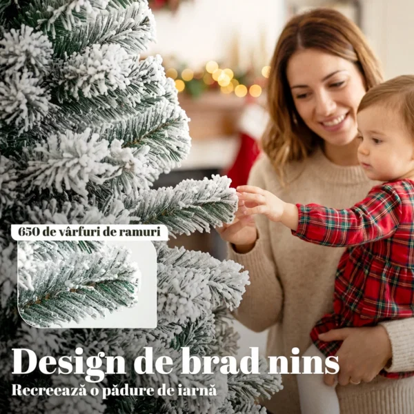 Brad Artificial de Craciun 180 cm cu 650 Ramuri Ignifuge, Efect Inzapezit Realist si Baza din Otel, Verde si Alb - imagine 5
