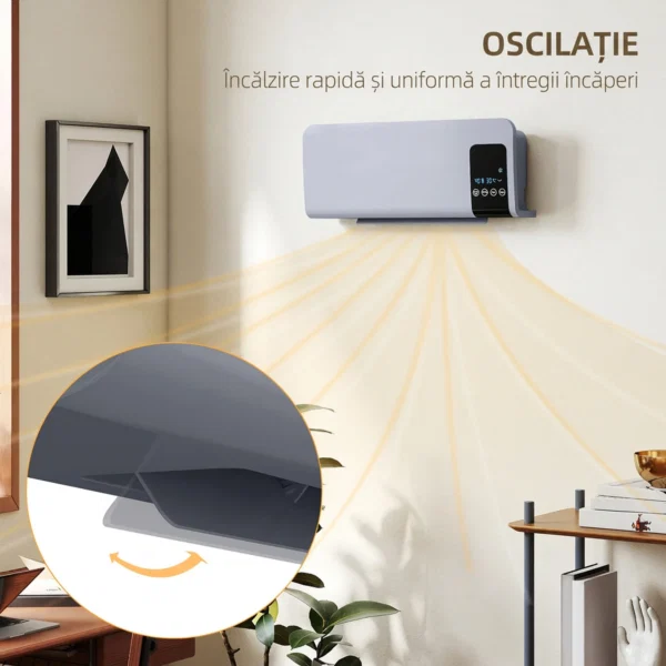 Ventilator Termic de Perete Oscilant cu Telecomanda, Temporizator 12h si 2 Moduri, 54.5x12x21.5 cm, Gri - imagine 6