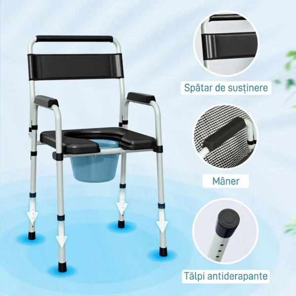 Scaun WC Pliabil si Reglabil cu Brate si Spatar, din Otel si Piele PU, 52.5x46x81.5-97 cm, Negru - imagine 9