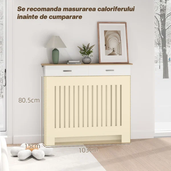 Masca pentru calorifer cu sipci, anti-rasturnare, cu sertar pentru depozitare, din lemn, 112x19x97 cm, alb - imagine 7