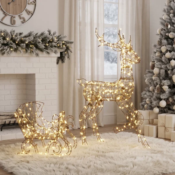 Rena luminoasa de Craciun cu sanie, 175 LED-uri alb cald, 8 moduri de iluminare, timer, IP44, maro - imagine 9