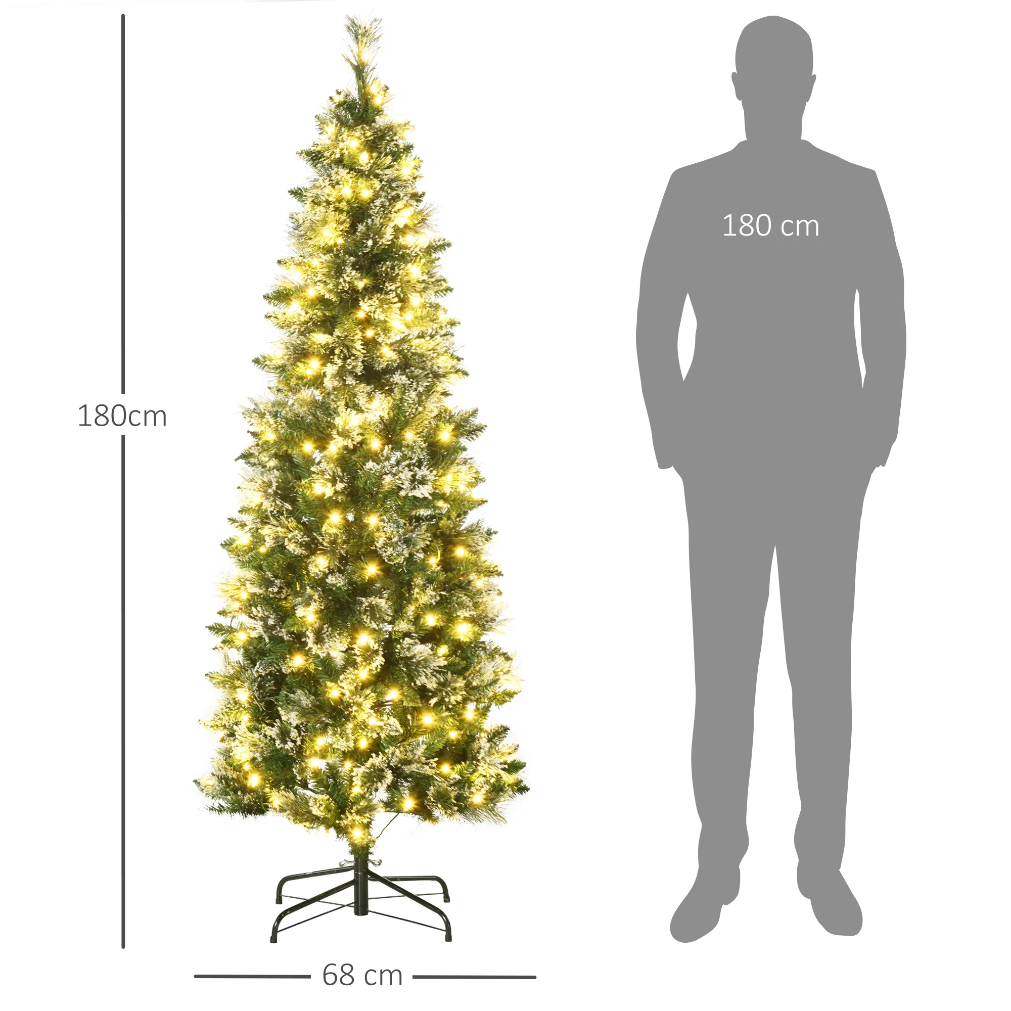Brad de Craciun 180cm Artificial cu 240 Lumini LED si 618 Ramuri, Brad Acoperit cu Zapada Inalt si Ingust cu Postament din Otel 2 Brad de Craciun artificial iluminat, cu inaltimea de 180 cm si diametrul de 68 cm