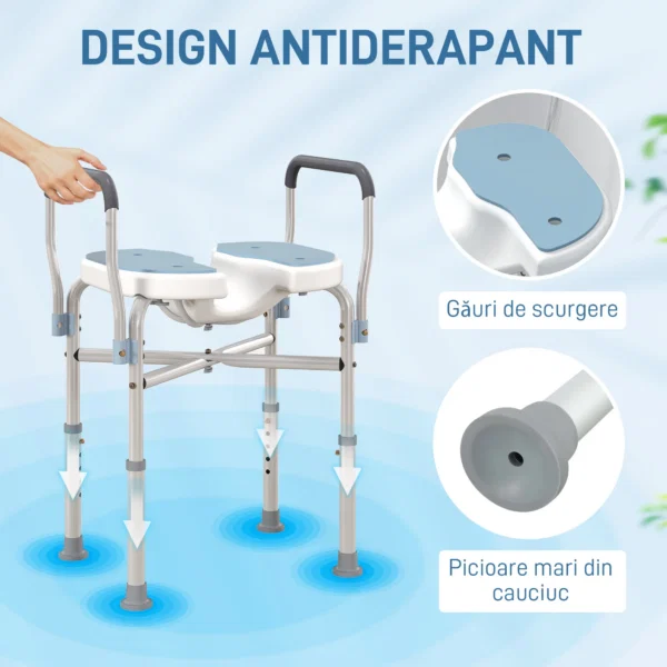 Scaun pentru dus cu sezut canelat si manere, inaltime reglabila si picioare anti-alunecare, albastru - imagine 7