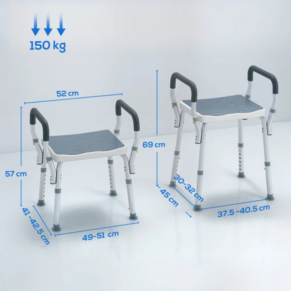 Taburet pentru Dus Reglabil cu Brate si Orificii de Drenaj, din Aluminiu, HDPE si EVA, 52x45x57-69 cm - imagine 3