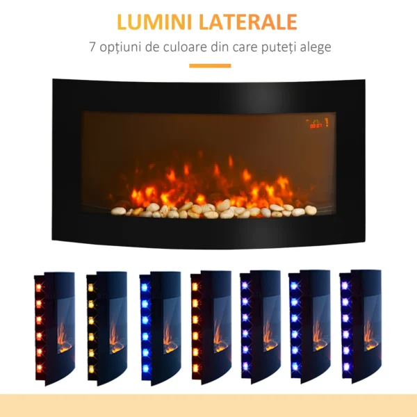 Semineu Electric Odense, de Perete, 89,2 × 48 cm, Iluminare LED in 7 Culori, 2 Trepte de Incalzire, 1000/2000 W, Telecomanda, Negru - imagine 7