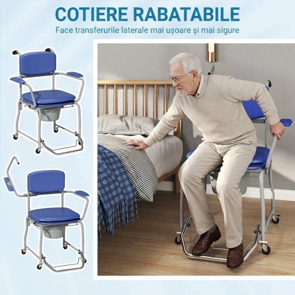 Scaun WC Mobil cu Roti 3 in 1, PU Otel Inoxidabil, Albastru - imagine 5