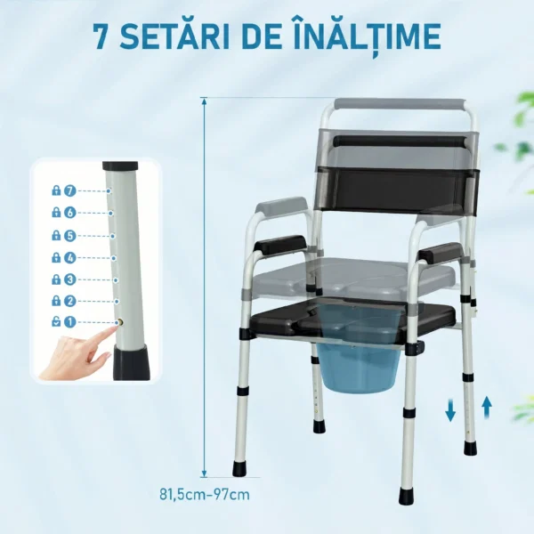 Scaun WC Pliabil si Reglabil cu Brate si Spatar, din Otel si Piele PU, 52.5x46x81.5-97 cm, Negru - imagine 6