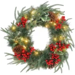 Ghirlanda de Craciun de 60 cm cu lumini LED albe, timer, conuri, boabe si frunze de ilex, verde