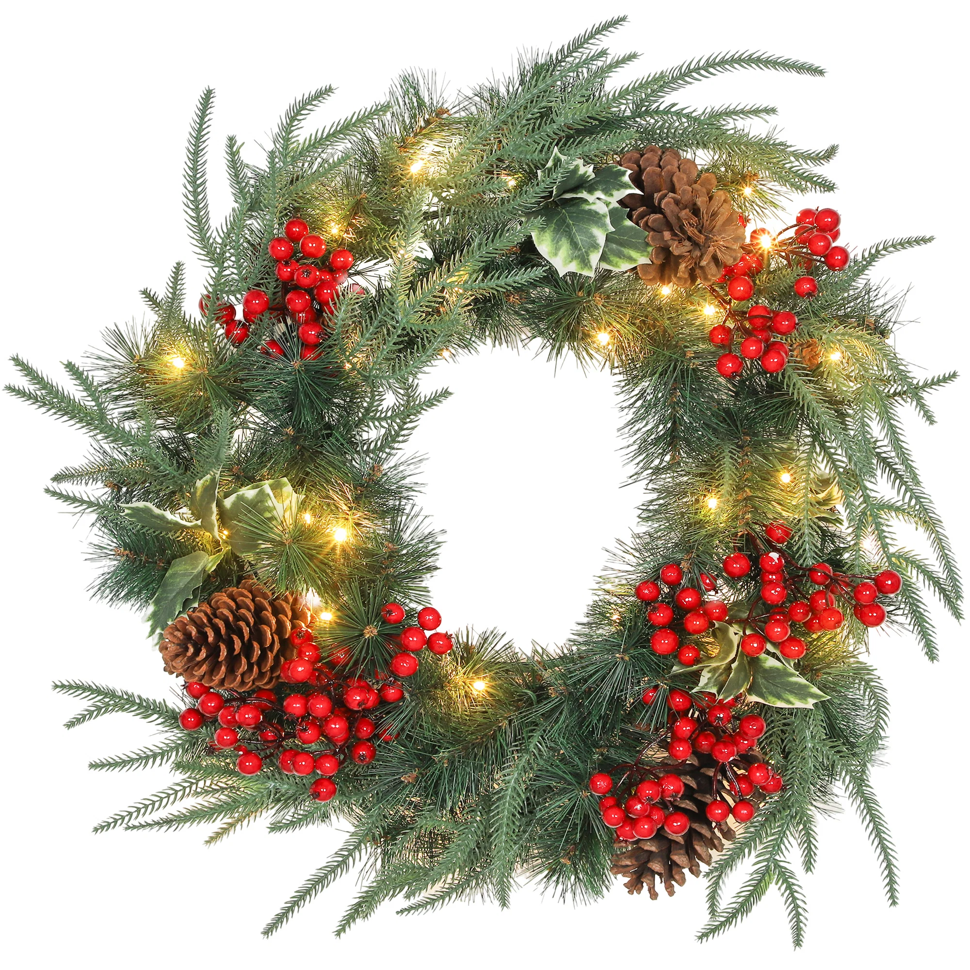 Ghirlandă de Crăciun de 60 cm cu lumini LED albe, timer, conuri, boabe și frunze de ilex, verde Ghirlanda de Craciun de 60 cm cu lumini LED albe, timer, conuri, boabe si frunze de ilex, verde - imagine 1