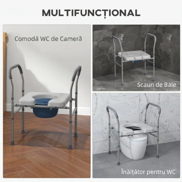 Scaun comod WC pentru varstnici si persoane cu dizabilitati 4 in 1 reglabil pe inaltime, cu brate capitonate, gri - imagine 4