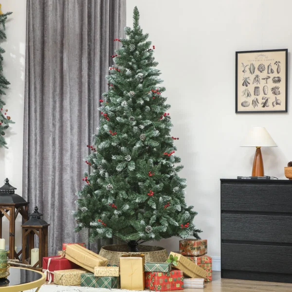 Brad de Craciun Inalt de 210 cm pentru Interior cu 928 de Ramuri, Conuri si Fructe Rosii, Baza din Metal, Verde - imagine 2