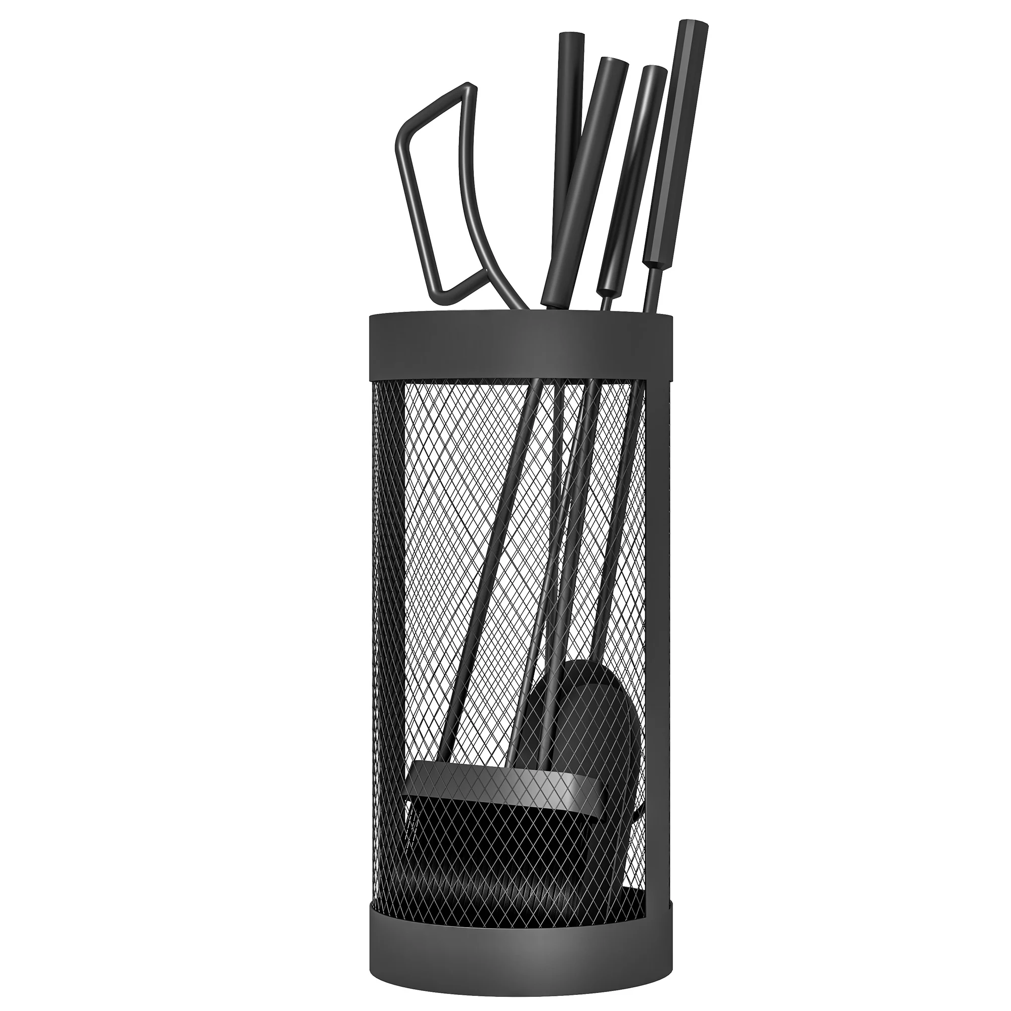 Set Accesorii Șemineu 5 Piese Metal cu Coș Mătură Lopată Clești, 16 × 16 × 33,5 cm, Negru Set de Accesorii pentru Semineu, 5 Piese din Metal, Matura, Lopata, Cleste, Carlig si Cos, Negru - imagine 1
