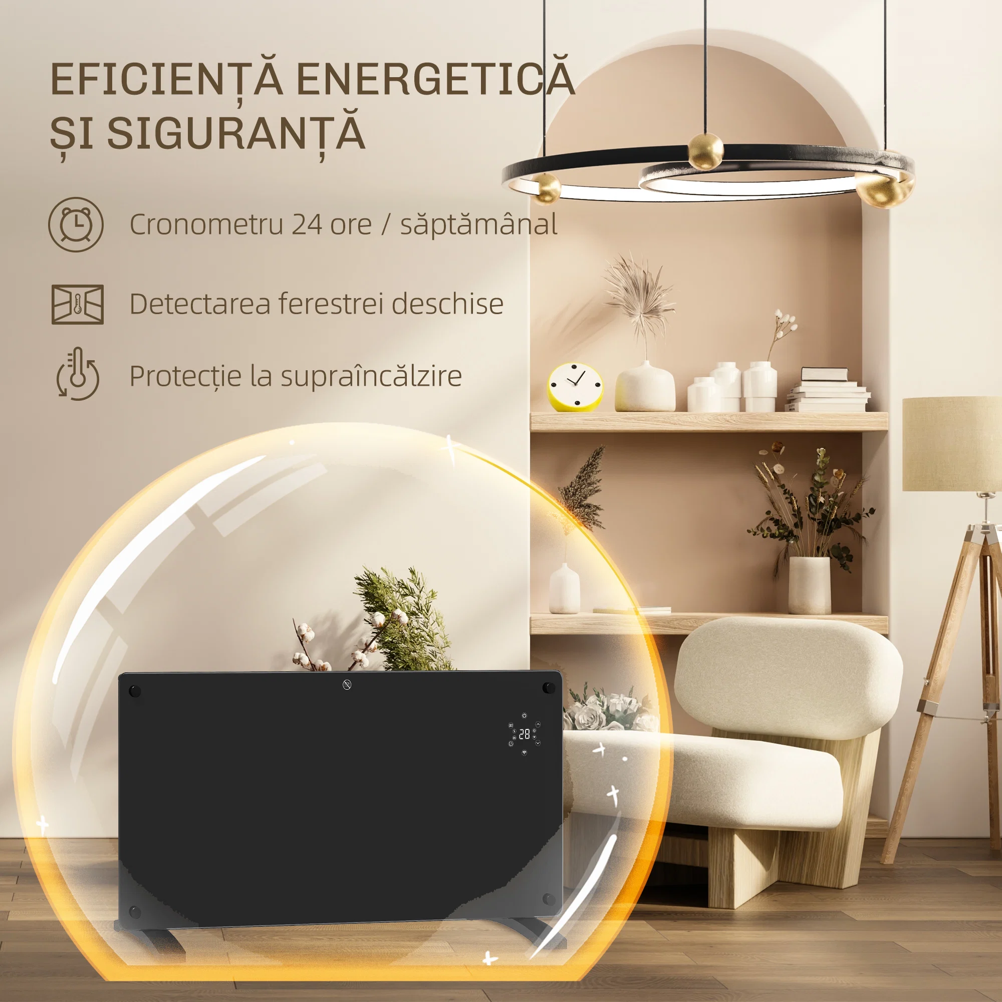 Incalzitor cu Convectie 2000W, Temperatura Reglabila cu Telecomanda, Timer 24h si Saptamanal, Negru 4 Convector instalat pe podea sau montat pe perete