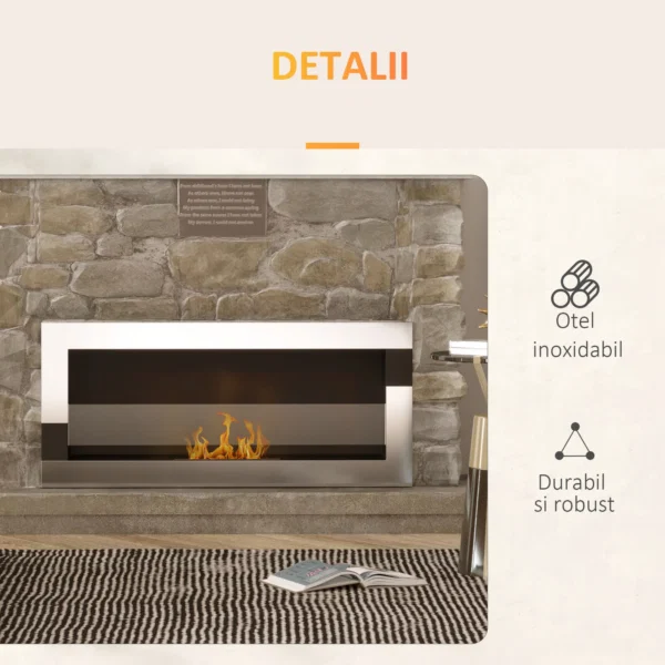 Semineu cu bioetanol montat pe perete din otel inoxidabil, 90x16x40cm, argintiu - imagine 7