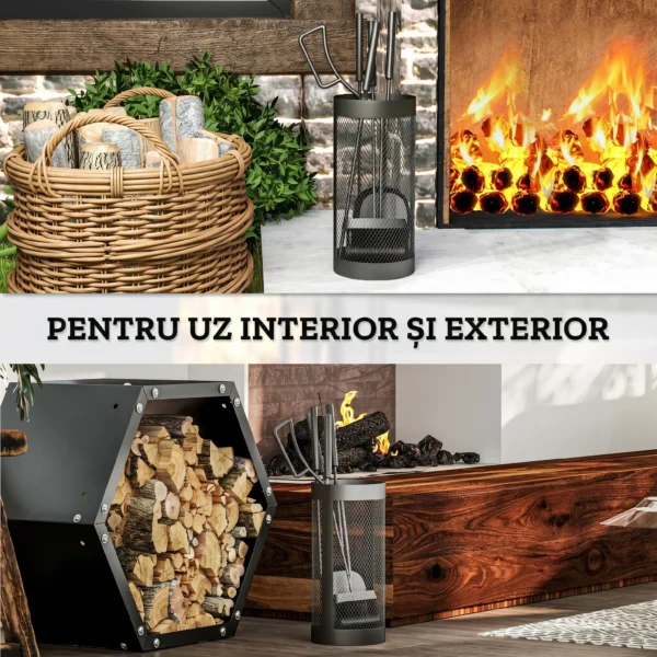 Set de Accesorii pentru Semineu, 5 Piese din Metal, Matura, Lopata, Cleste, Carlig si Cos, Negru - imagine 6
