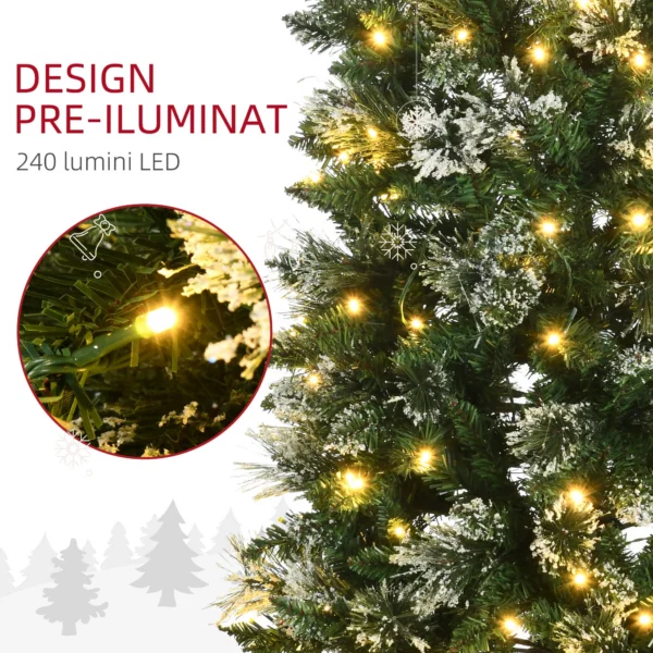 Brad de Craciun 180cm Artificial cu 240 Lumini LED si 618 Ramuri, Brad Acoperit cu Zapada Inalt si Ingust cu Postament din Otel - imagine 5