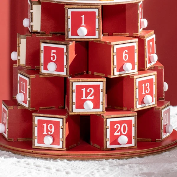 Calendar Advent de Craciun din lemn, cu lumini LED, pentru copii si adulti, rosu si verde - imagine 9