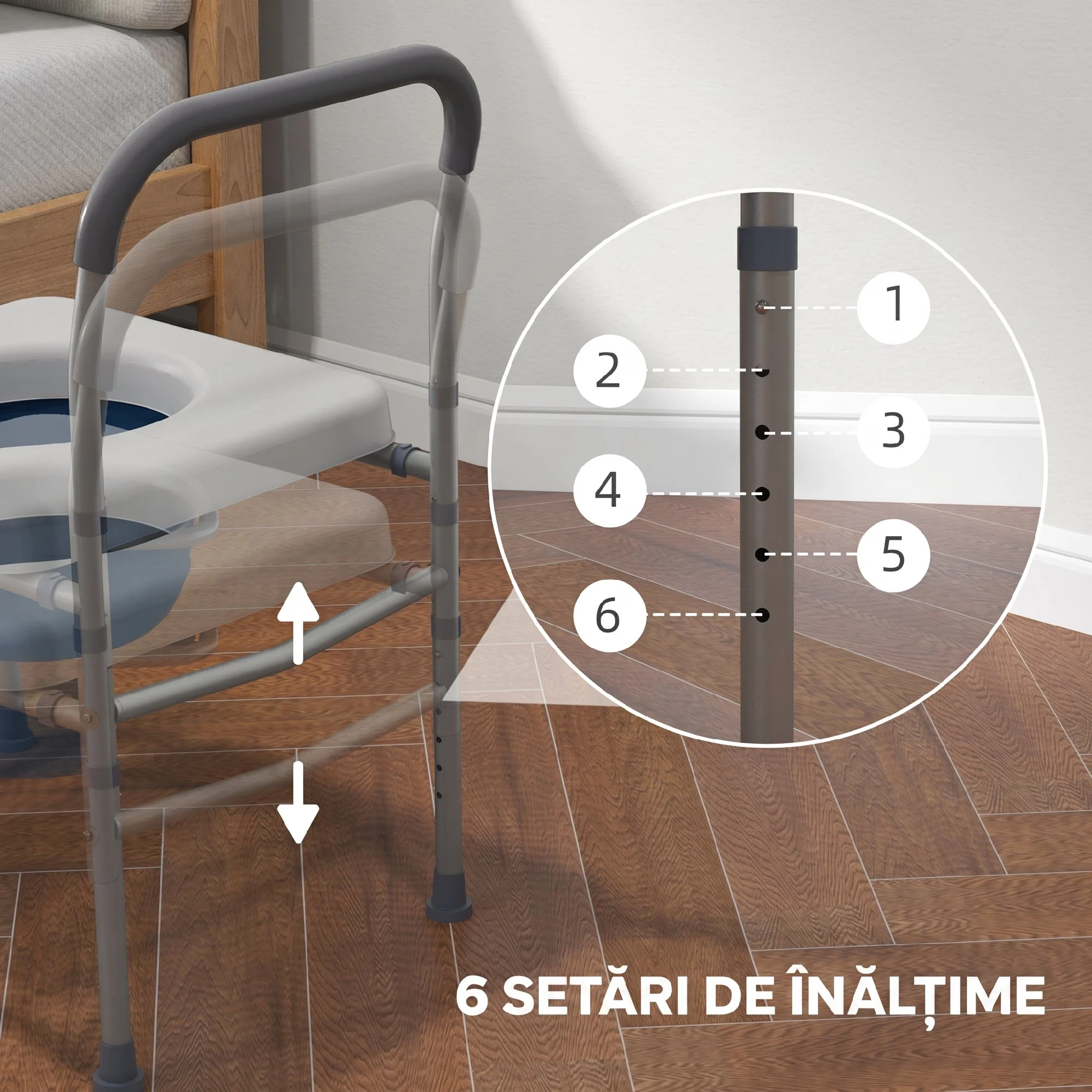 Scaun comod WC pentru varstnici si persoane cu dizabilitati 4 in 1 reglabil pe inaltime, cu brate capitonate, gri 3 Maner invelit in spuma si piciorus antiderapant