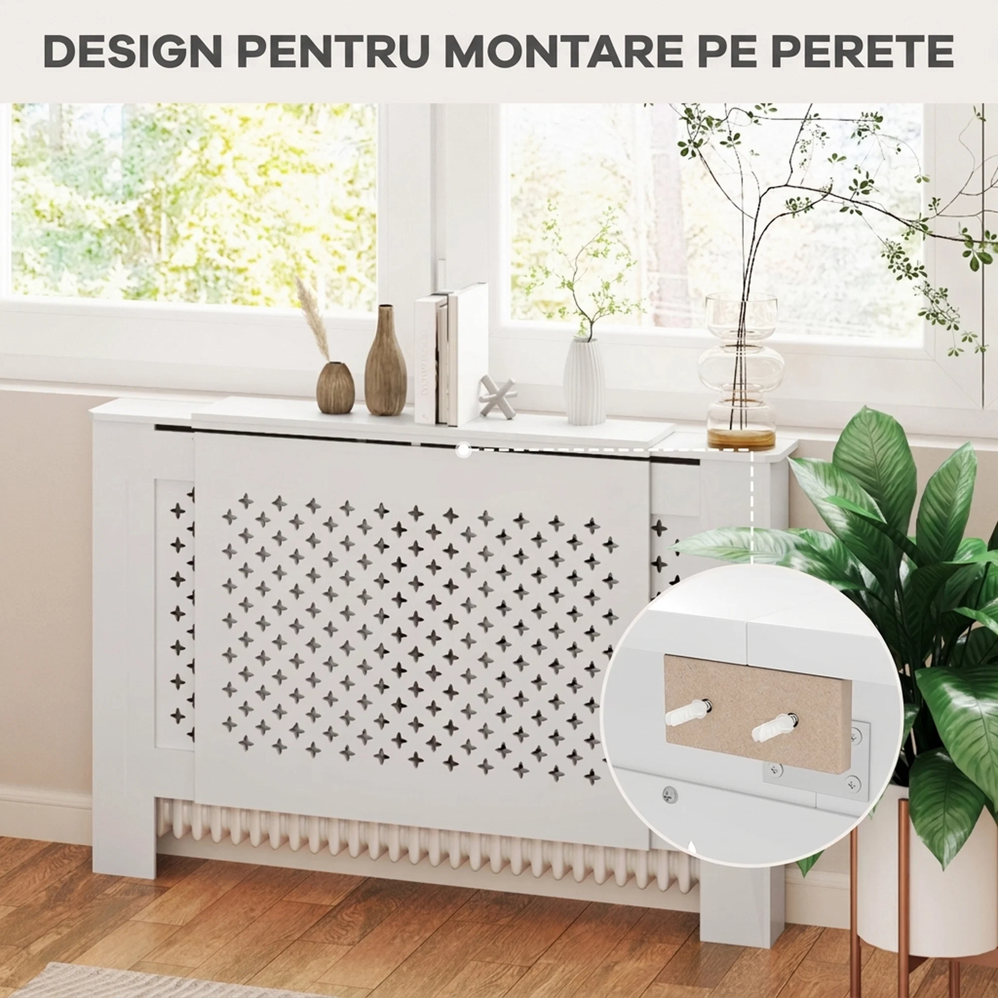 Masca pentru Calorifer cu Grilaj Incrucisat si Lungime Reglabila, 136-200 x 21,5 x 91,7 cm, Alb 4 Masca pentru calorifer si kitul de fixare pe perete