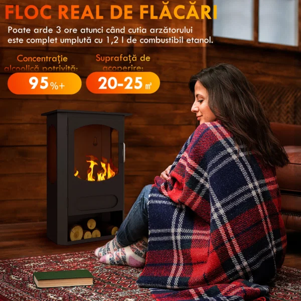Semineu pe Bioetanol Independent, Arzator de 1,2L, Durata 3 Ore, Suprafata Incalzita 20-25 m², Negru - imagine 8