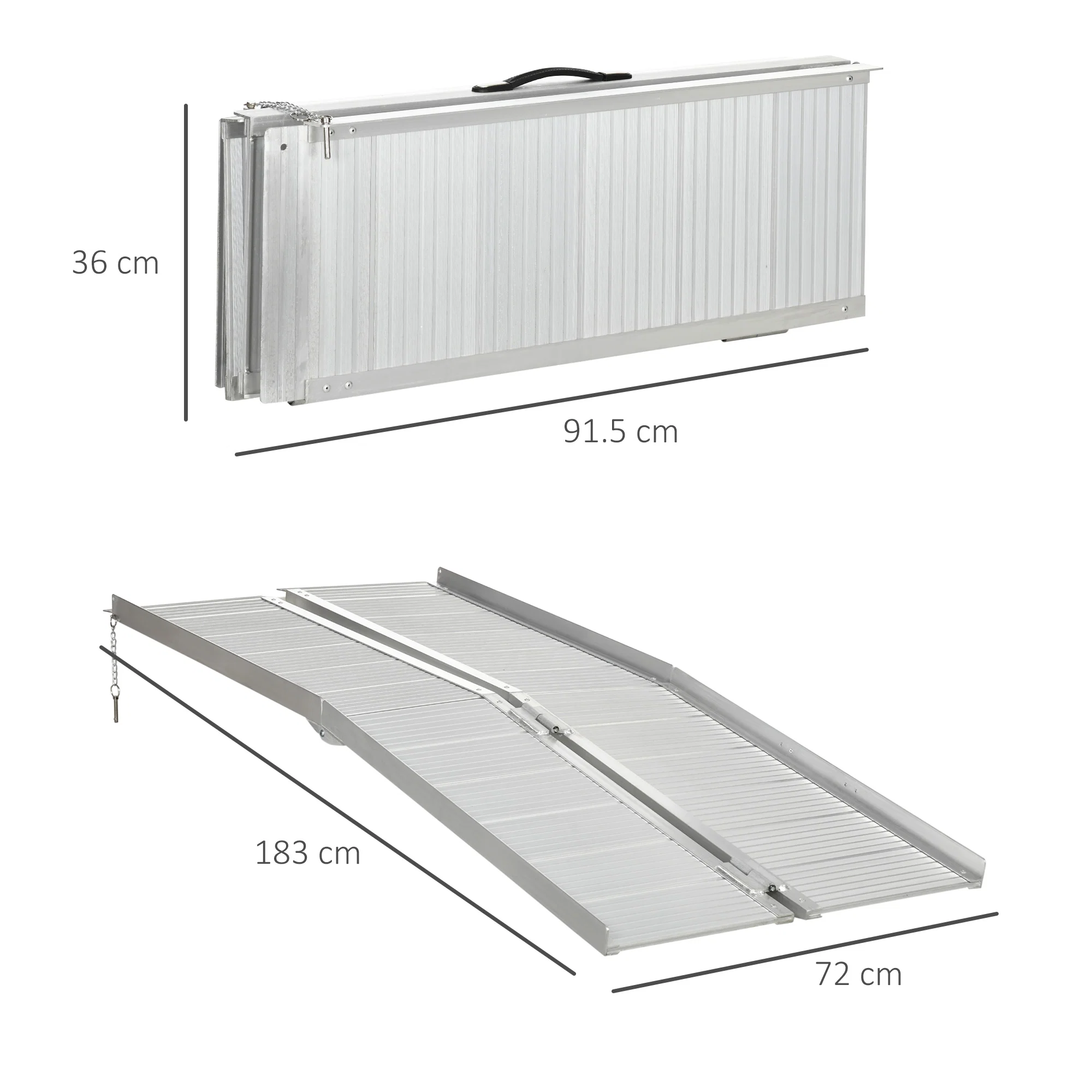Rampe Mobile pentru Scaune cu Roti si Scutere, Pliabila, Antiderapanta, Aliaj, Capacitate 272kg, 183x72x5cm, Silver 2 Rampa DOMERIVO in format pliabil si deschis, cu dimensiuni
